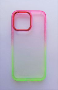 Луксозен твърд гръб  кристално прозрачен за Apple iPhone 14 Plus 6.7 розово зелен кант 